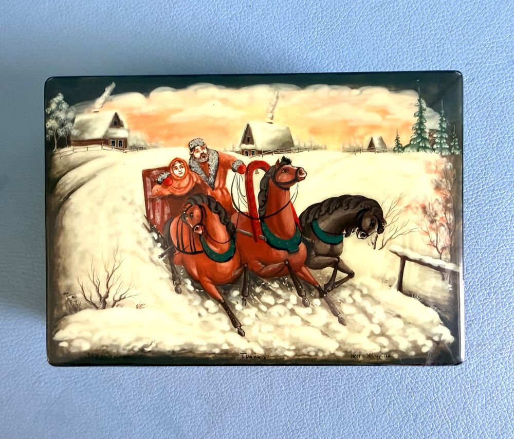 Vintage Fedoskino Lacquer Box, Hand Painted Winter Troika Sleigh Scene Painting
